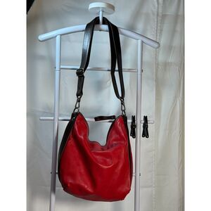 Rough & Tumble Custom Red Lambskin & Dark Brown Leather Hobo Crossbody Bag